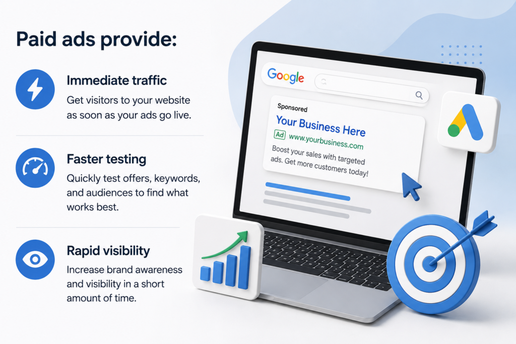 Paid ads marketing illustration showing Google Ads campaign dashboard, instant website traffic growth, rapid online visibility, and PPC advertising strategy for SEO services for small businesses.