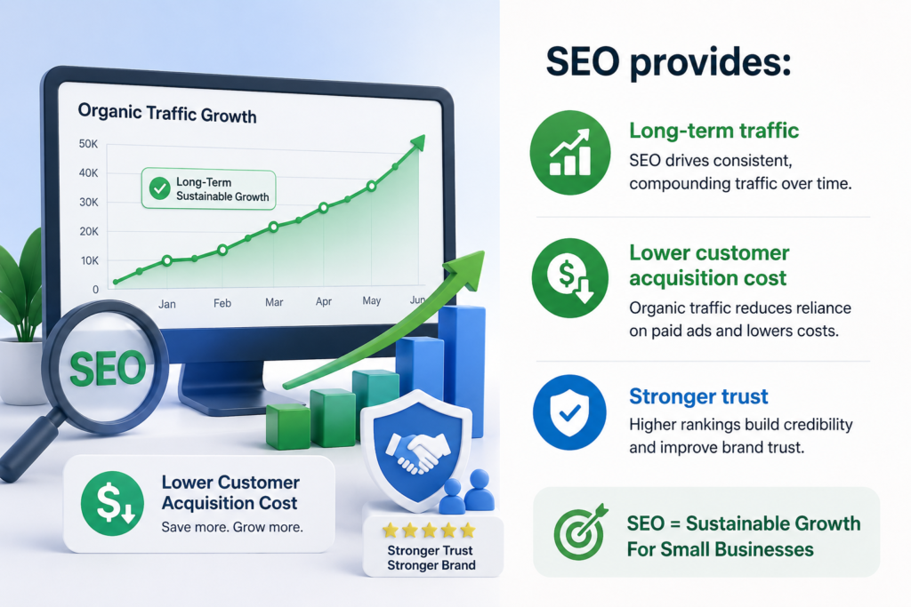 “SEO services for small businesses illustration showing long-term organic traffic growth, lower customer acquisition costs, stronger brand trust, and sustainable search engine optimization results.”