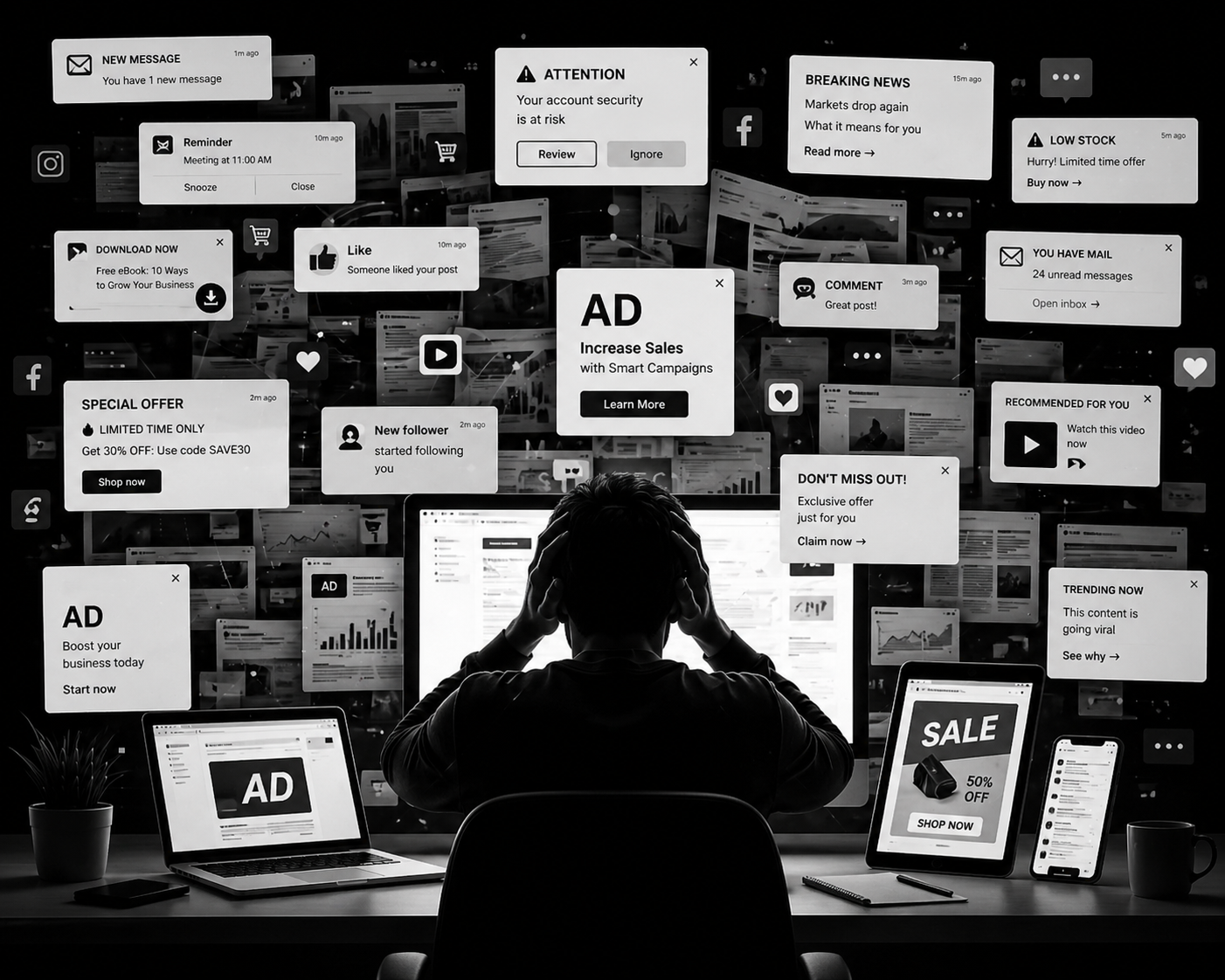 digital marketing complexity and content overload illustration showing multiple ads, notifications and fragmented online marketing efforts