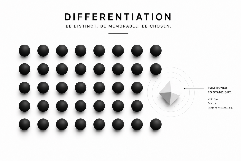 brand positioning strategy illustration showing one unique element standing out in competitive digital marketing landscape