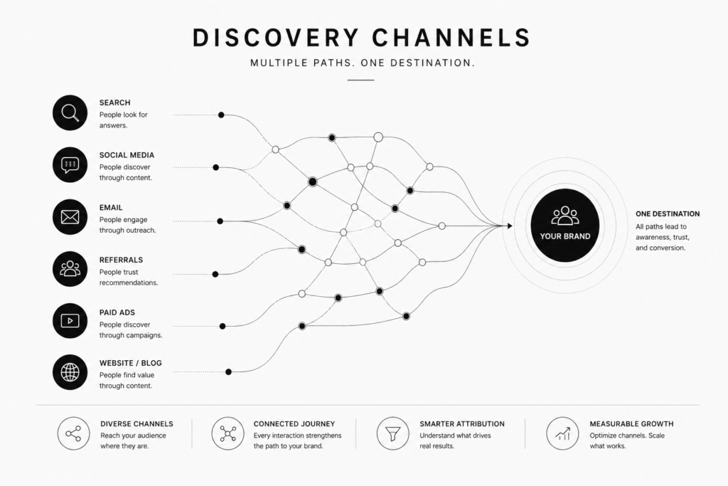 digital marketing channels network showing discovery paths across SEO social media and paid advertising systems
