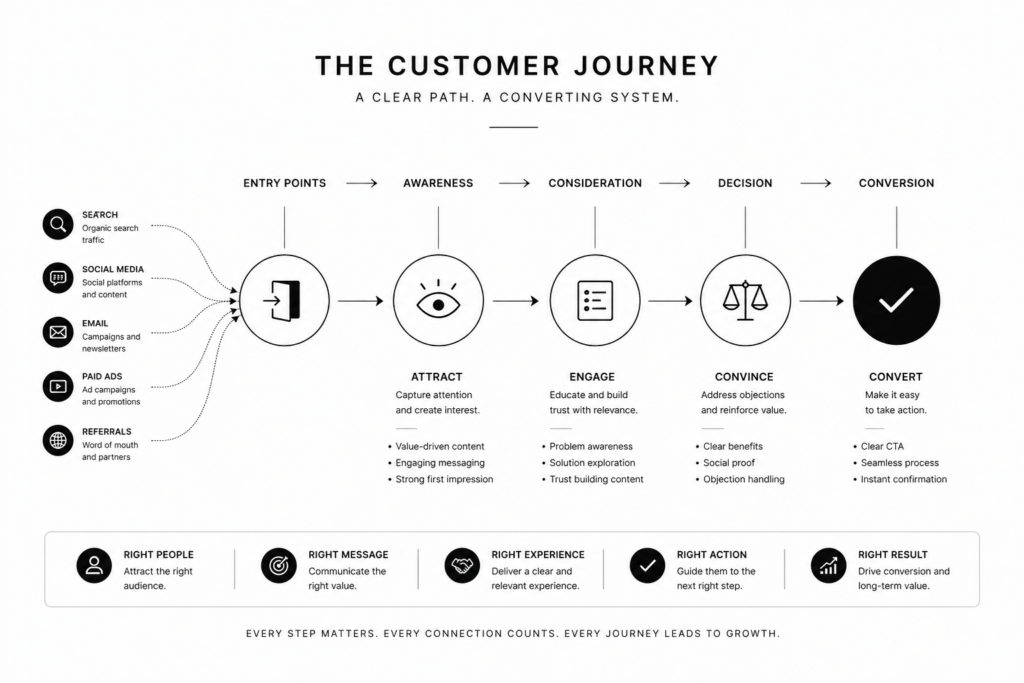 customer journey in digital marketing strategy showing path from awareness to conversion with structured flow system